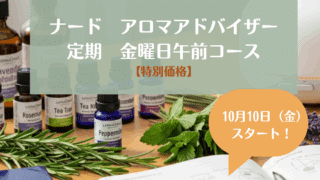 10月10日スタート!受講料が20%OFFになるNARD(ナード)アロマアドバイザー講座定期金曜日午前コース 受講生様募集中です! 10月10日スタート!受講料が20%OFFになるNARD(ナード)アロマアドバイザー講座定期金曜日午前コース 受講生様募集中です!