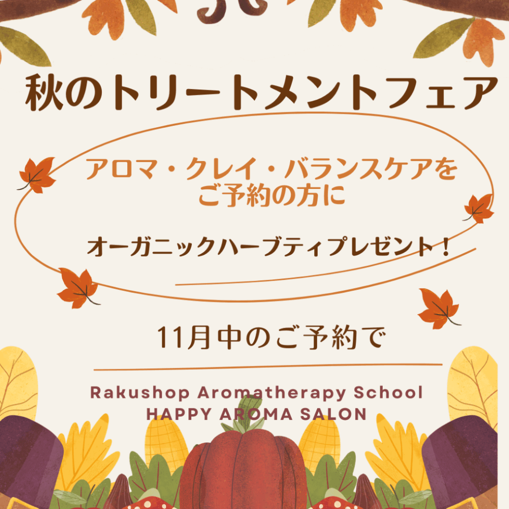 １１月はサロンの「アロマ・クレイ・バランスケア」メニューのご予約で、オーガニックハーブティプレゼント！