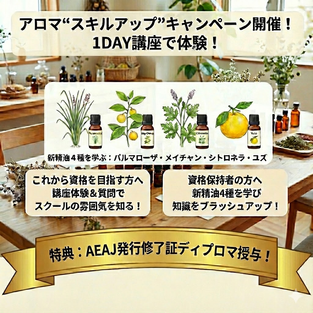 AEAJスキルアップキャンペーン「AEAJインスト&セラピストスピンオフ講座(新しい4種の精油を学ぼう!)日程決定、お申し込みスタートしました。 AEAJスキルアップキャンペーン「AEAJインスト&セラピストスピンオフ講座(新しい4種の精油を学ぼう!)日程決定、お申し込みスタートしました。