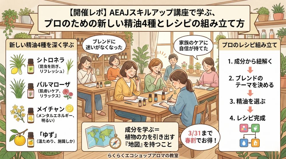 【開催レポ】AEAJスキルアップ講座で学ぶ、プロのための新しい精油4種とレシピの組み立て方