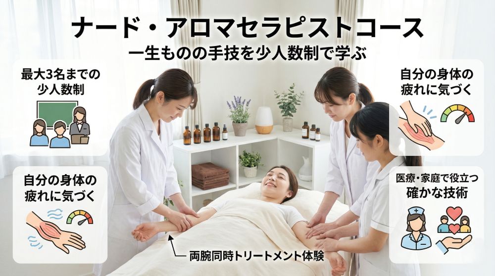 【ナード・アロマセラピストコース】心身の疲れに気づく、一生ものの手技を少人数制で学ぶ。 【ナード・アロマセラピストコース】心身の疲れに気づく、一生ものの手技を少人数制で学ぶ。