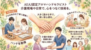 AEAJ認定アロマハンドセラピストの資格を仕事と日常に。介護現場でも信頼される「触れる」技術の力