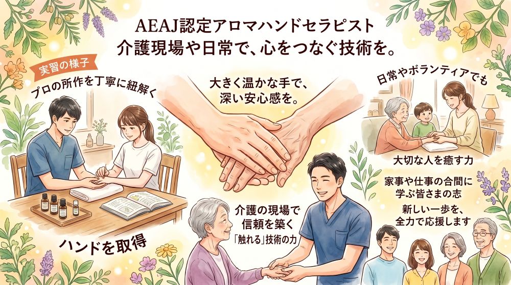 AEAJ認定アロマハンドセラピストの資格を仕事と日常に。介護現場でも信頼される「触れる」技術の力 AEAJ認定アロマハンドセラピストの資格を仕事と日常に。介護現場でも信頼される「触れる」技術の力