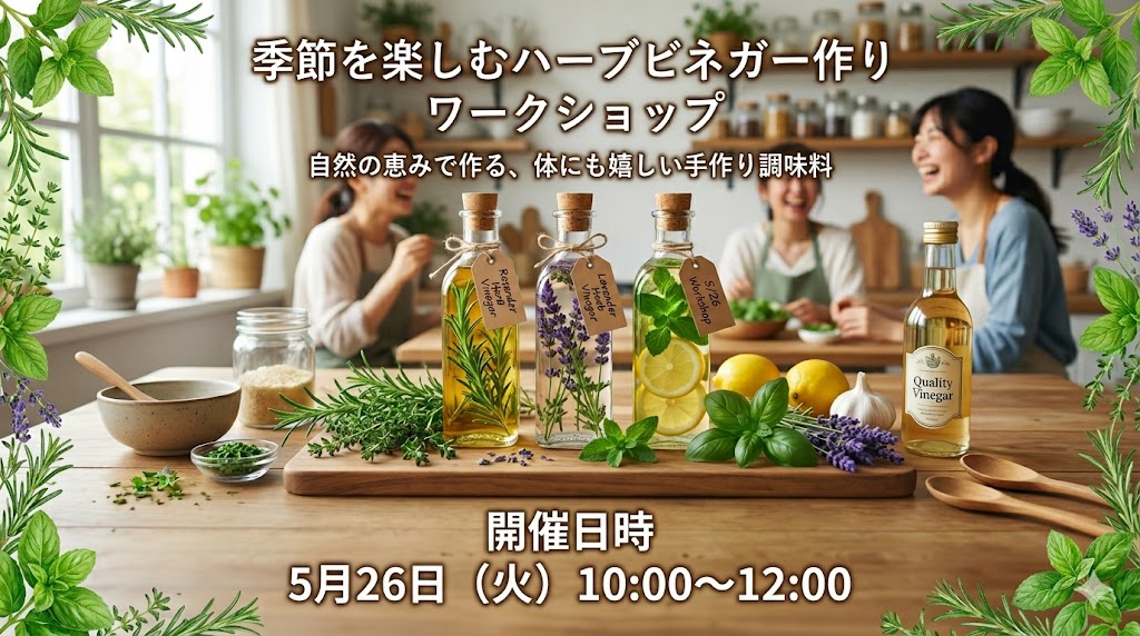 ５／２６(火)開催 　【季節をハーブで楽しむ】爽やかハーブビネガーづくりワークショップ開催！🌿ご参加募集のお知らせ