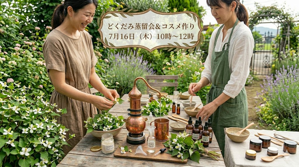 7/16(木)開催 【日本が誇る和のハーブの恵みをお肌に】どくだみ蒸留会&コスメ作りワークショップ開催!🌿ご参加募集のお知らせ 7/16(木)開催 【日本が誇る和のハーブの恵みをお肌に】どくだみ蒸留会&コスメ作りワークショップ開催!🌿ご参加募集のお知らせ