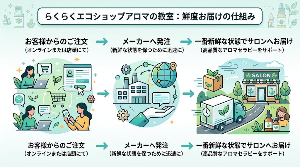 プロ専用アロマ・ハーブ卸売|教室20周年・卸実績18年の確かな品質 お届けまでのフロー
